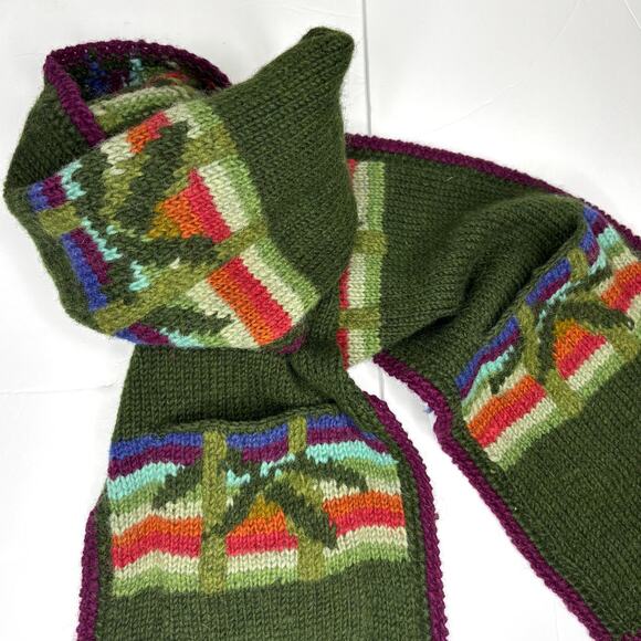 Knit Wool Pocket Scarf Lost Horizons Green Striped Handmade Nepal 9x63 Warm Boho - Picture 8 of 9